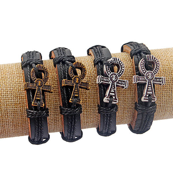 12pcs Men Women Wrap Leather Dark Brown Egypt Ankh Charm Bracelets