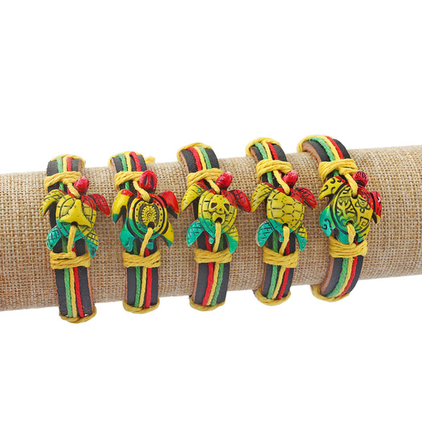 Dropshipping 5pcs Rasta Coloured Taino Sea Surfer Turtle Charm Black Leather Bracelet