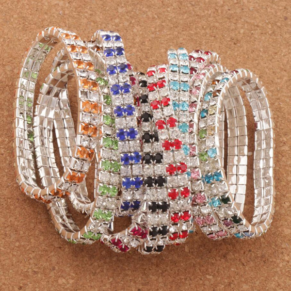 20pcs/lot Colorful Tennis Crystal Rhinestone Bracelets Spring Silver Plated 2-Rows Tennis 10Colors Hot sell BB74 80 Stones