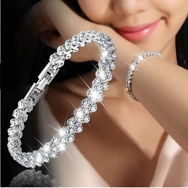 Hot Selling Luxury Silver Color Chain Link Bracelets Fashion Shiny Rome Crystal Bracelet Bangle Jewelry For Women New Style