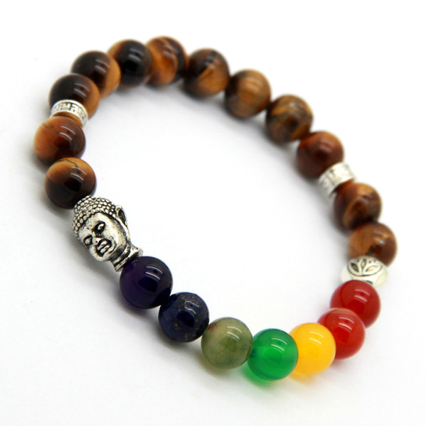 New Products Wholesale 8mm Natural Tiger Eye Stone Beads 7 Chakra Buddha Bracelet, Yoga Meditation Energy Jewelry