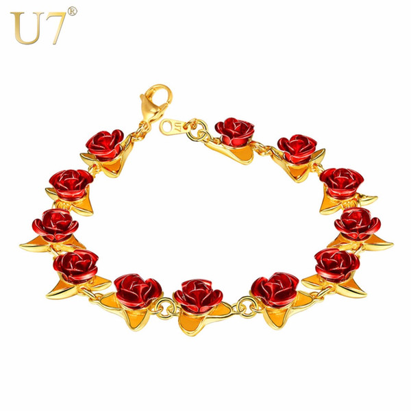 Bracelet Red Rose Flowers Gold Color Wrist Chain Charm Christmas Gift For Women Fashion New Hot Jewelry Bracelets Wholesale