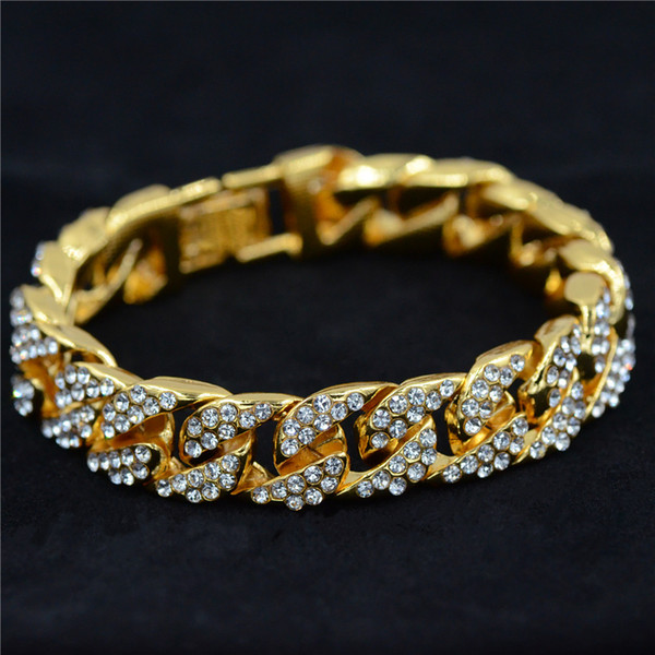 Gold color Men Hiphop iced out bling bracelets fashion rhinestone Miami cuban link chain hip hop bracelet men jewelry