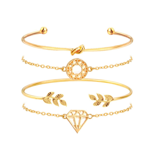 JAVRICK 4pcs Bohemian Geometric Leaf Knot Crystals Bracelets Bangles Gold Tone Jewelry