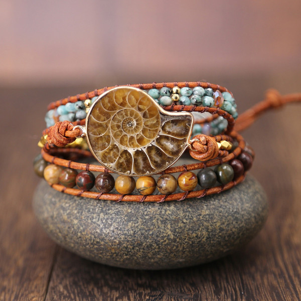 Ammonite Fossils Seashell Snail charm Handmade wrap bracelet Ocean Reliquiae Conch Animal boho braied bracelet for Men&women