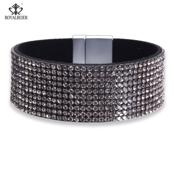 RoyalBeier New Fashion Leather Crystal Bracelet For Women Rhinestone Magnet Buckle Pulsera Mujer Flannel Wrap Bracelet Armbanden