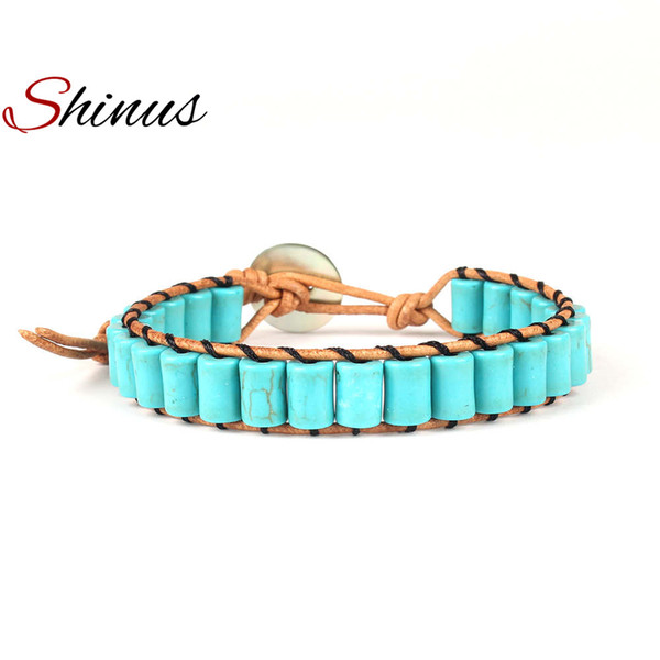 Shinus Cuff Bracelet Tube Shape Single Bracelets Boho Bohemia Leather Natural Gem Stones Women Jewelry Gifts Handmade Beaded