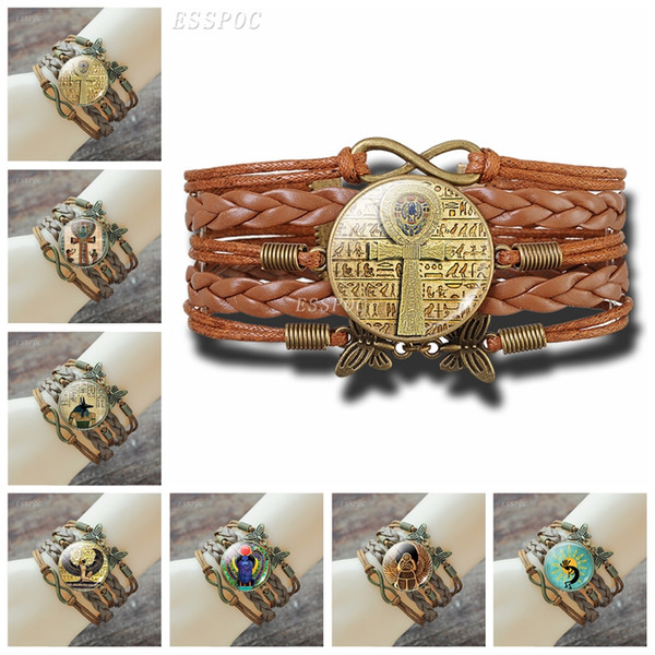 Egyptian Ankh Cross Bracelet Vintage Ancient Egypt Anubis Scarab Goddess Retro Brown Multilayer Leather Bracelet for Men Women