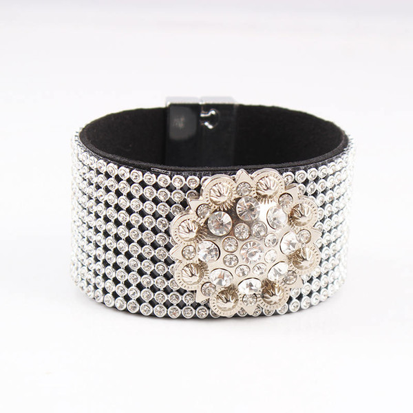 Rhinestone Crystal Bling Wrap Bracelets Suede Leather Magnetic Bracelet Wristband Crystal Flowers charms Bracelets & Bangles