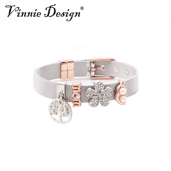 Vinnie Design Jewelry Keeper Stainless Steel Mesh Bracelet with 4pcs Slide Charms Silver Rose Gold Wrap Bracelets Keepers