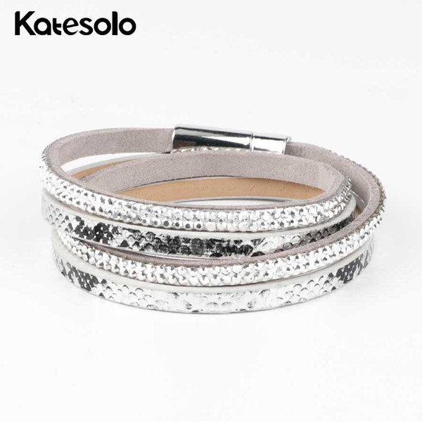 Fashion Alloy Wide Magnetic Leather Bracelets & Bangles Vintage White/Blue/Black Multilayer Crystal Slake Bracelet For Women Men