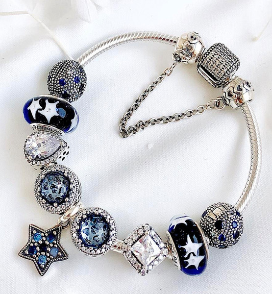 2019 new luxury designer jewelry pandora charms Pandora Bracelet Female Blue Star Drop 925 Silver Bead Sea Heart Bracelet