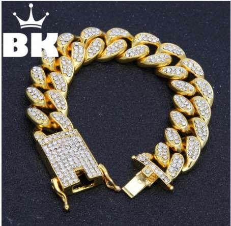 Hip Hop Men Simulated Diamonds Bracelet Cuban links & chains gold Color Alloy Bracelet for Bangle Male Jewelry Accessory