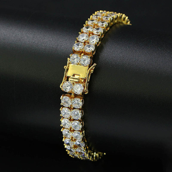 Hip Hop Men Jewelry Bracelet Copper Gold Silver Color Iced Out Micro Pave Cubic Zircon 8inch 2 Row Tennis Chain Bracelets