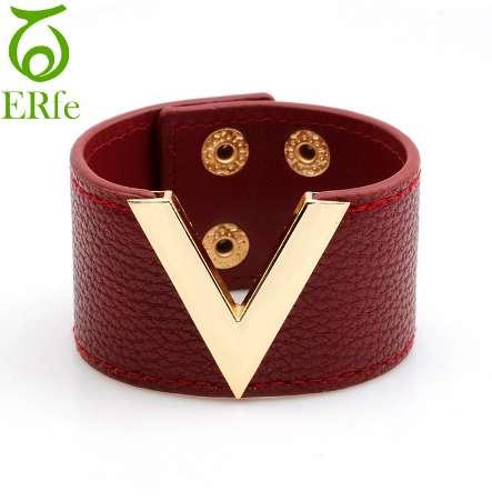 Bracelet Femme Hip Hop Gold Letter V Braclet Genuine Leather Wrist Band Female Cuff Armband Women Jewelry WB001