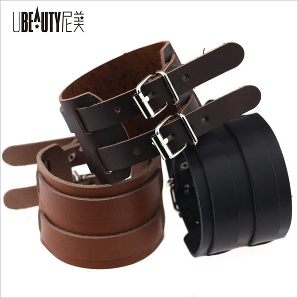 Cowboy Style Bracelet Black/brown Strap Double Wide Wrap Leather Bracelet Buckle Wristband Men Cuff Bracelets Punk Jewelry