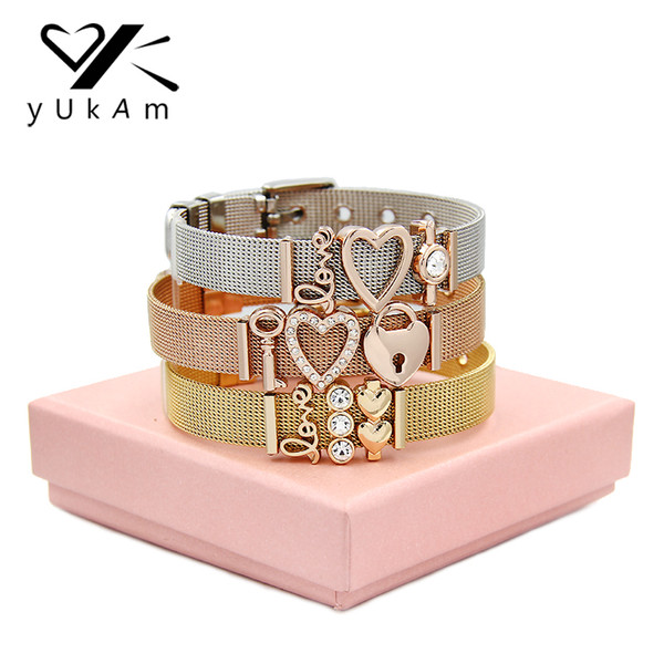 YUKAM Jewelry Keys Lock Crystal Love Heart Slide Charms Mesh Keeper Bracelets Life Tree Blessed Mom Bracelets for Women with Box