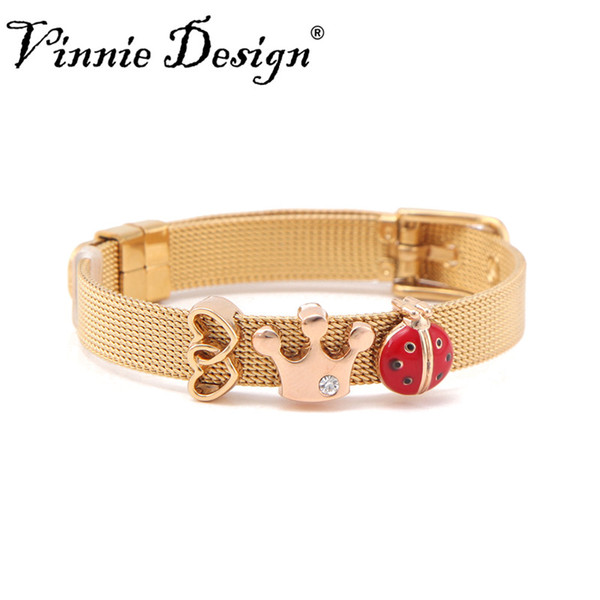 Vinnie Design Jewelry 8mm Stainless Steel Gold Mesh Bracelet Set with 3pcs Slide Charms