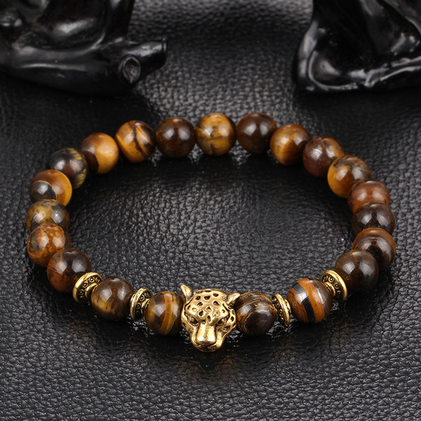 Pulseras mujer Gold Color Leopard Head Bead Buddha Bracelet Natural Stone Lava Matte Tiger Eye Men and Women Bracelets