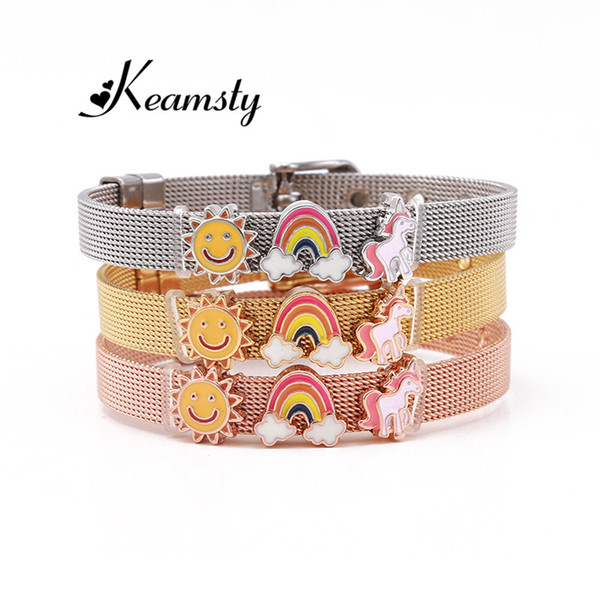 Keamsty 1PCS Wandering Unicorn Slide Charms Bracelets 8mm Stainless Steel Mesh Keeper Bracelet Charms Leather Keeper Bracelet