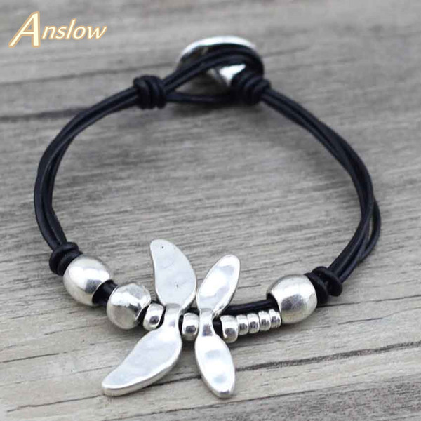 Anslow Best Selling New Hot Sale Fashion Jewelry Mens Couple Drongfly Wristband Leather Bracelet Bracelets Bangles LOW0448LB