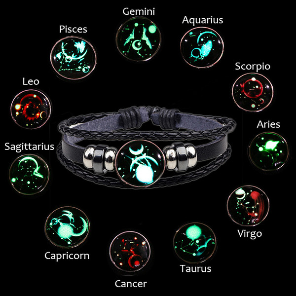 Personalized 12 Constellations Zodiac bracelet for Men Glow In The Dark Moon Braided Beaded Female Leather Bracelets & Bangles