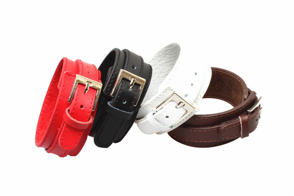 Genuine Leather Wrist Cuff Bracelet Men Titanium Stainless Steel Buckle Wide Band Leather Belt Bracelet Red/Black/White/Brown