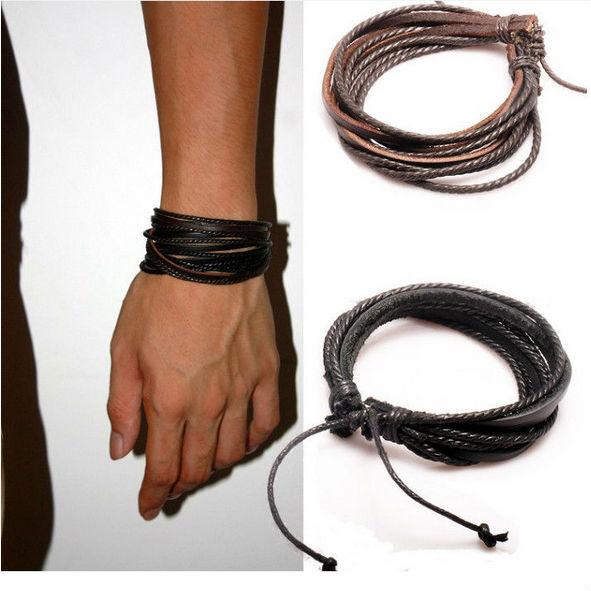 12pcs Men Bracelets Wrap Multilayer Genuine Leather Black and Brown Braided Rope Bracelet for Men and Women Charms Fashion Man Jewelry