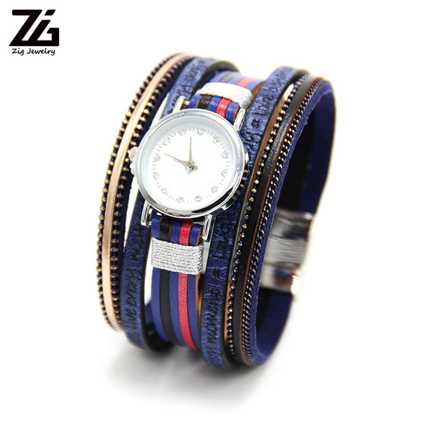 ZG Multilayer Leather Bracelets Watch for Women and Man in 6 Colors with Magnet Clasp Crystal Bohemian Style