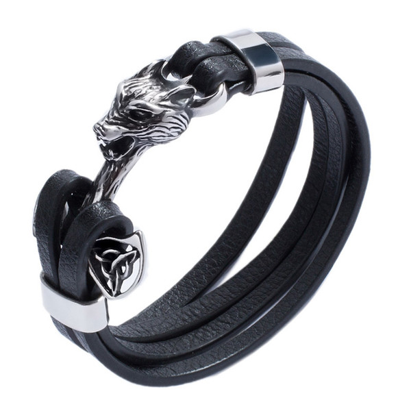 Trendy Men Jewelry Black Multi-layer Leather Bracelet Stainless Steel Wolf Head Bracelet Wrap Bracelets for Man Bangle PW780