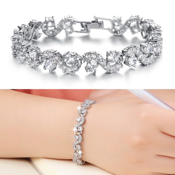 Tennis Bracelet Fashion Cubic Zirconia Blue Stone Bangle S Shaped Full Diamond Women Bridal Wedding Jewelry