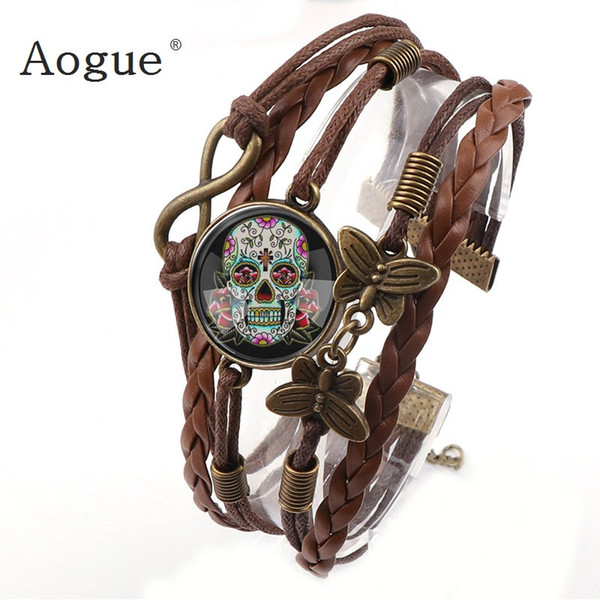 Brown Artificial Leather Pirate Skull Pattern Bracelet Rock Biker Bracelets With Dome Round Glass Cabochon