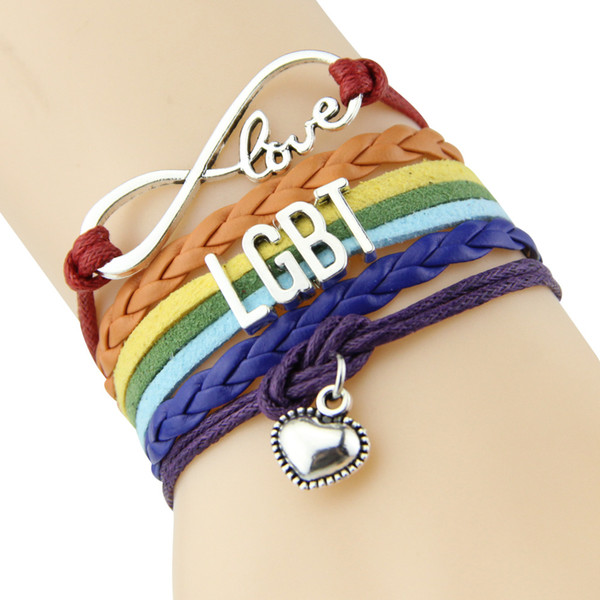 JEPHNE Rainbow Infinity Love LGBT Bracelet Heart Charm Adjustable Braided Leather Suede Layered Bracelets Women Men Jewelry Gift