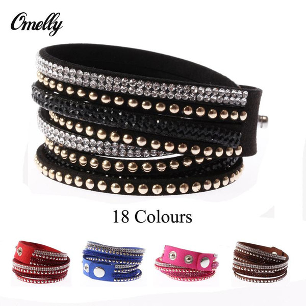 New Women Multi-layers Rhinestone CZ Crystal Leather Bracelets Bangles Tennis Wristband Colorful Charming Jewelry Wholesale Gift 18 Colors