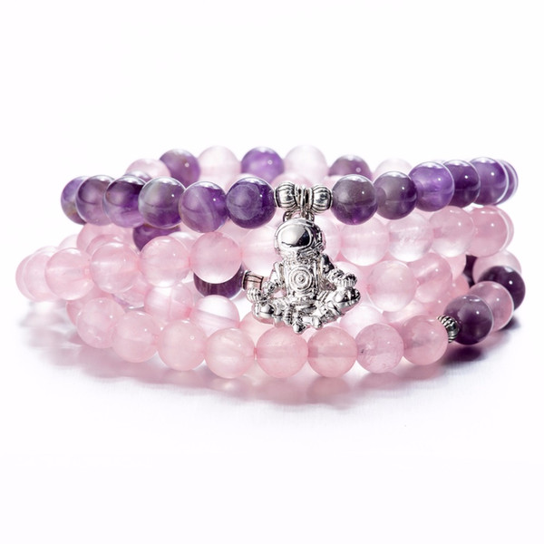 Amethystine Pink Quartz Stones Astronaut Meditated Pendant Women Yoga Multi-layer Wrap Bracelets