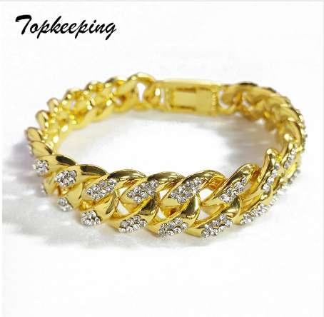 Men Luxury Gold Color Iced Out Rhinestone Fashion Bracelets High Quality Bangles Miami Cuban Link Chain Bracelet for Hip Hop Boy