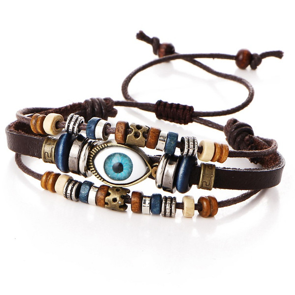 2018 Wholesale Retro Multi-layer Bronze Eye Shape Punk Lovers Knitted Leather Bracelet For Gift XC Jewelry PUB1101