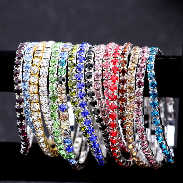 Hot new 3.6mm 1 Row Rhinestone Crystal Bracelets Stretch Bracelet Bangle Cuffs for Women Wedding Jewelry Gift 16 Colors WCW156