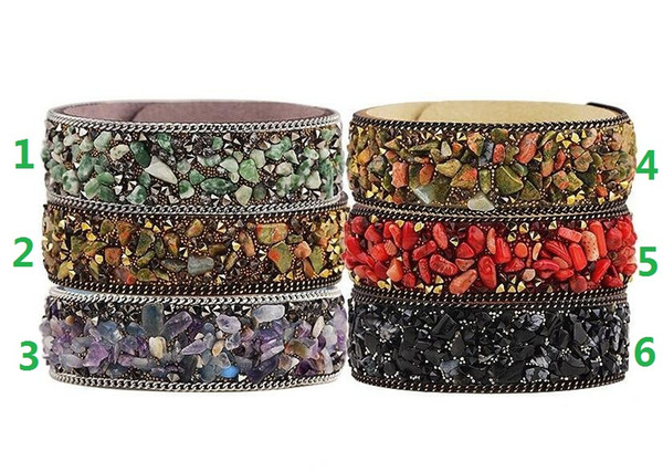 2018 hot sales High Quality Gravel Bracelet Natural Crystal Bangle Multicolor Stone Leather Bracelet Paris Fashion Model Show Jewelry