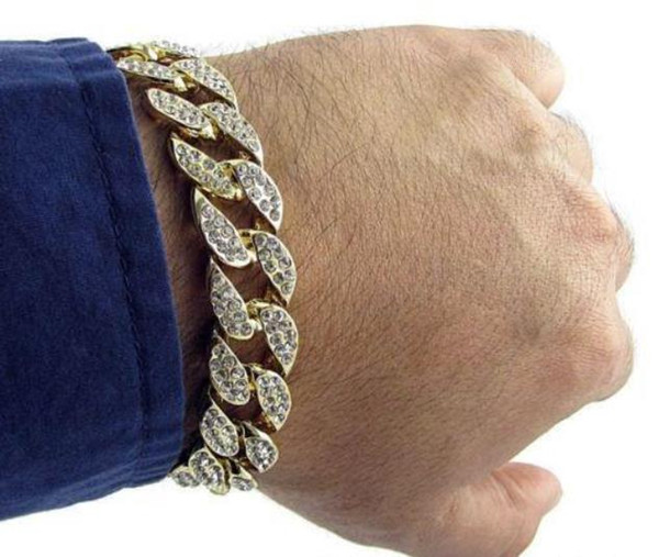 Hot! New Hip Hop Men's Luxury Simulated Diamond Fashion Bracelets & Bangles High Quality 24K Gold Plated Iced Out Miami Cuban Bracelet