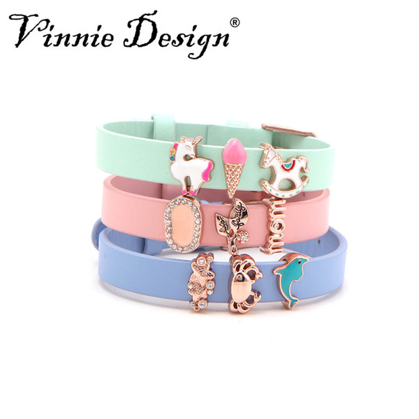 Vinnie Design Jewelry Genuine Leather Wrap Bracelet Slide Charms Keeper Bracelets with Rose Gold Buckle