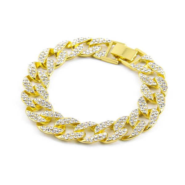 Hip Hop Iced Out Rhinestone Bracelets bangle mens Gold Filled Miami cuban link 8 inch Chains For man high quality Fashion Jewelry Gift