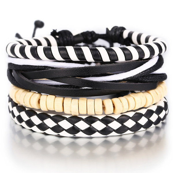 Fashion Hand Braided Black White Leather Bracelet Charm Wooden Multilayer Wrap Braclet For Men Armbamd Jewelry Accessories Homme