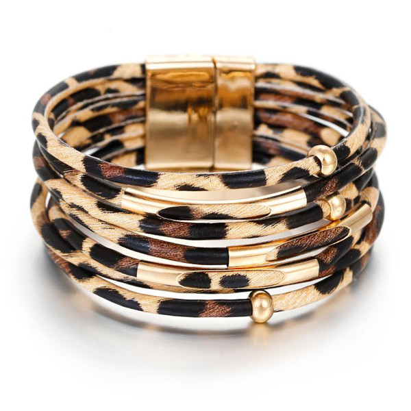 Amorcome Leopard Leather Bracelets For Women Bracelets & Bangles 2019 Fashion Elegant Boho Multilayer Wrap Wide Bracelet Jewelry