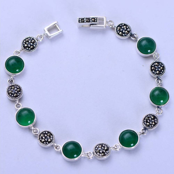 Fashion Jewelry 925 Sterling Silver Round Green Chalcedony with Marcasite Vintage Tennis Bracelet for Women Girl