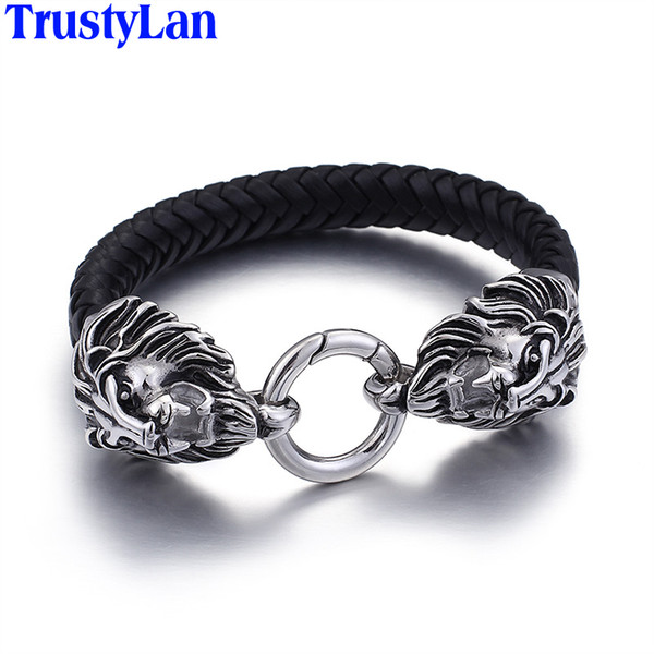 TrustyLan Stainless Steel Bracelet Men Jewellery Cool Punk Double Lion Heads Wrap Leather Strap Mens Bracelets & Bangles 2018