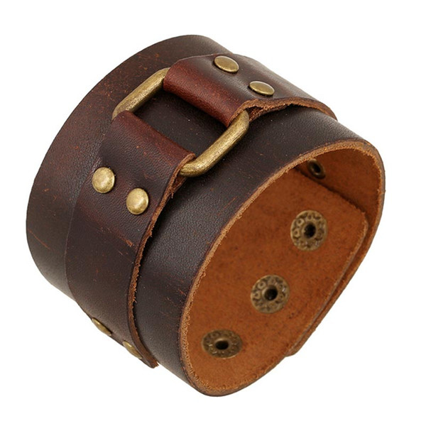 Vintage Brown Leather Cuff Bracelets Male Jewelry Decoration Punk Motorcycle Wristband 25cm Genuine Leather Bangle Wide Bracelet