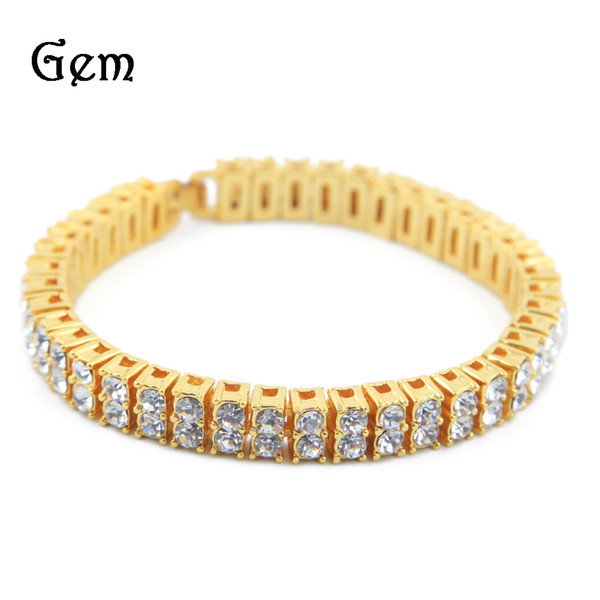 Hip Hop Men A Bracelet for Men Gold Black Silver Iced Out 2 Rows AAA Rhinestone Box Chain Bracelets Bangles for Women Gifts 20cm