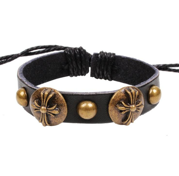 Fashion cross Charm Braided Bracelet Urban Jewelry Handmade Black Genuine Leather Adjustable Wristband retro Jewelry Wholesale