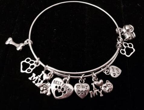 Vintage Silver Dog Paw Print I Love My Cat Dog Bones Heart Charm Cuff Wedding Bangles expandable Wire Bracelets For Women Jewelry 10pcs